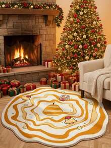 Round Burgundy Christmas Tufted Rug Checkered Border Snowman Gingerbread Gift Candy Cane Plush Rug Wreath - Yellow - View 4