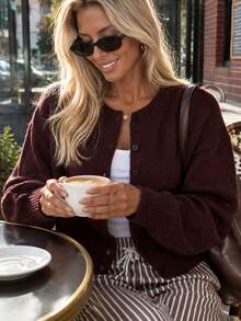 Women's Plus Size Knitwear Cardigan, Long Sleeve Round Neck Button Front Sweater With Drop Shoulder, Perfect For Fall And Winter Style - Chocolate Brown - View 3