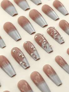24 Pcs Long Coffin French Pink White With Grass And Pearl Reusable Acrylic Press-On Nails Y2K Style - Dusty Pink - View 3