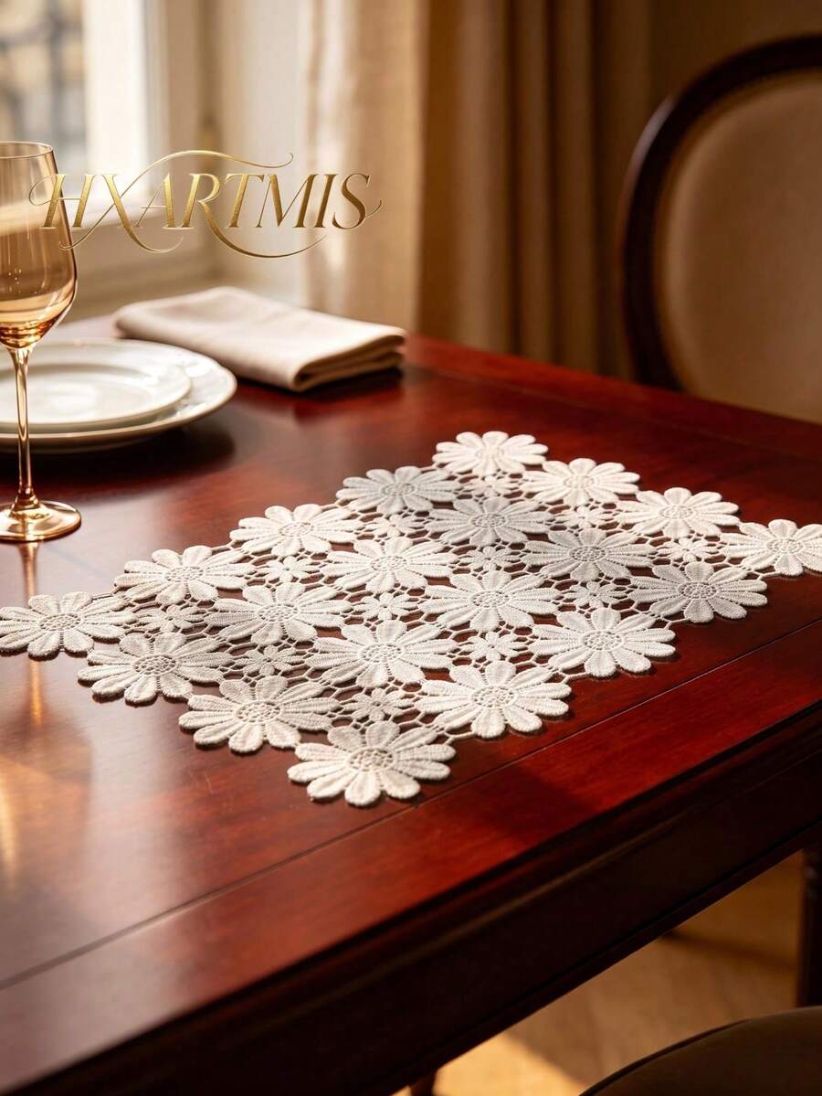 HXARTMIS قطعة واحدة من مفرش طاولة مطرز بتصميم زهور الأقحوان المفرغة، ديكور طاولة طعام بطراز ريفي عتيق، مناسب لطاولة الطعام وحفلات الزفاف وديكور المنزل - أبيض - مشاهدة 1