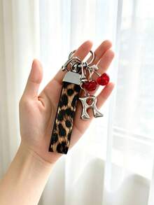 26 Alphabet Car Keychains, Silver Letter Zinc Alloy Accessories, Leopard Print Cherry Pendant, PU Rope Car Lock Key Fob, Car Remote Control Hanging Decoration, Bag Decoration Pendant, Car Key Ring, Key Chain Key Accessories. Holiday Gift, - Letter - View 25