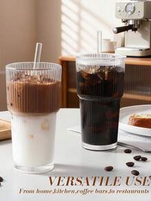 Transparent Glass Cup Striped Coffee Cup With Straw And Lid Simple Style Coffee Cups Large Capacity Glass Water Bottle Portable Outdoor Water Cup For Home Office Parties Autumn Winter Drinkware Home Decor - Multicolor - View 9