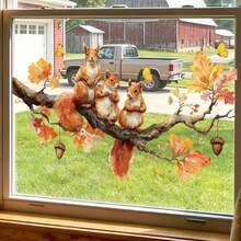 1/2 Sheets Fall Woodland Animals Window Clings, Cute Squirrel Fox Maple Leaf Static Decals, Double-Sided Reusable Thanksgiving Nursery Room Decor - Multicolor - View 3
