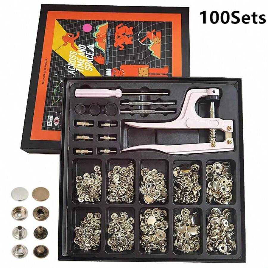 Set Alat Pemasang Kancing Logam 100 Pcs/Set Tang Kancing Jepit untuk DIY Pakaian Jaket dan Kerajinan Kulit