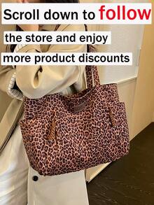 New Vintage Casual Leopard-Print Multi-Pocket Shoulder Tote Bag: Versatile, Large-Capacity Handbag For Fall/Winter-Perfect For Commuting And College - Brown - View 3