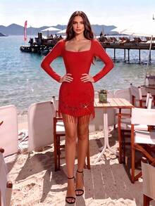 Elegant Women's Long Sleeve Tassel Rhinestone Hem Bandage Dress - Red - View 4