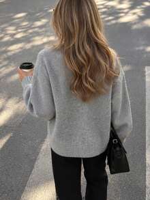 Apperloth A Women's Elegant Ribbed Knit Sweater Round Neck Lace Up Front Drop Shoulder Long Sleeve Tops Fall Clothes Casual Daily Versatile Commute Outfit - Grey - View 2
