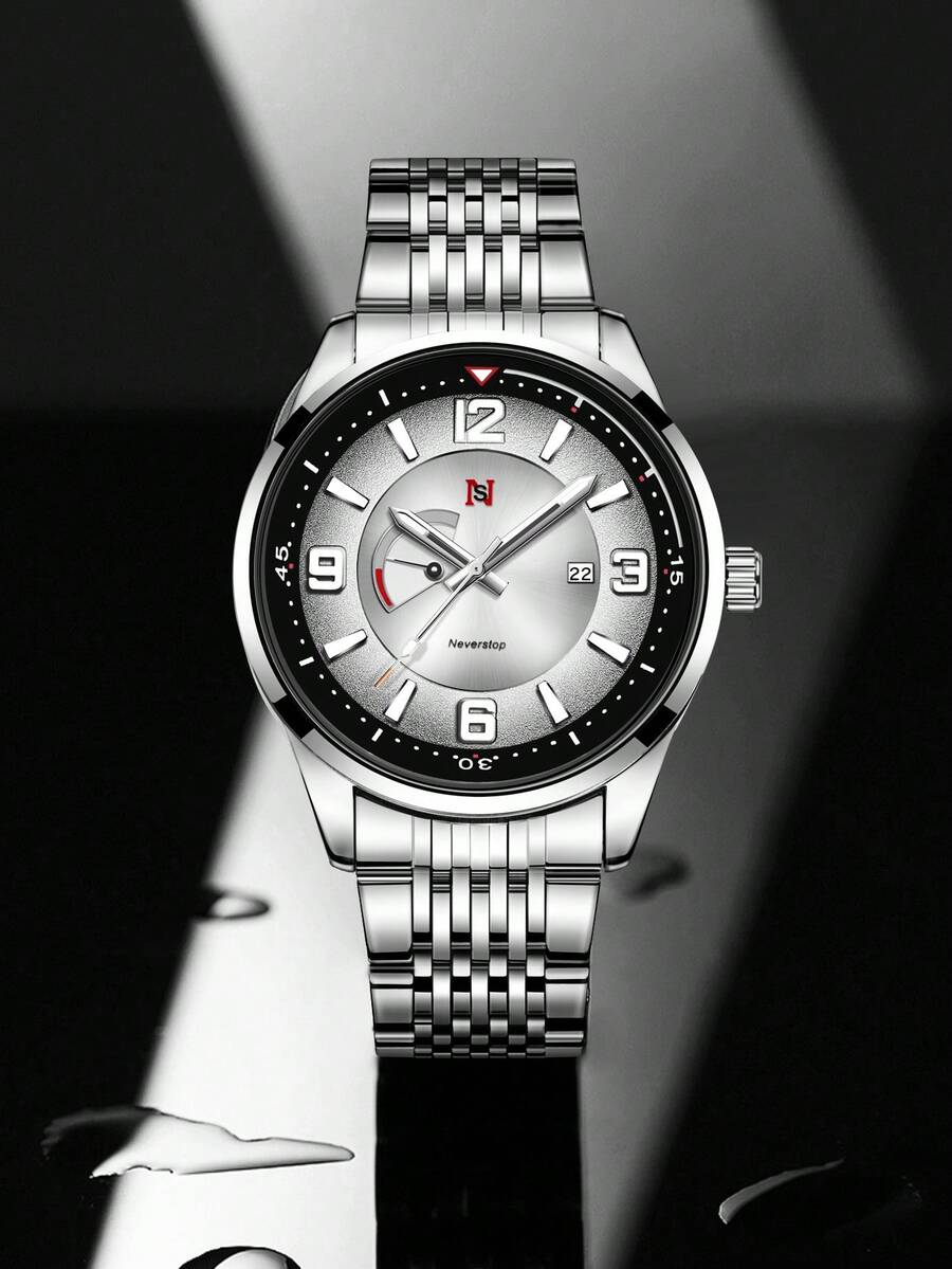 NSNEVER STOP NS Round Steel Band Business Casual Quartz Men's Wrist Watch With Rotating Crown, Folding Clasp, Suitable For Daily Commute, Multiple Festivals, Gift Box Watch - White - View 1