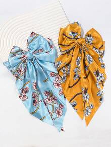 2pcs Blue & Yellow Floral Print Bow Ribbon Spring Clip Extra Large Women's Decorative Hair Clips Hair Accessories - Multicolor - View 2