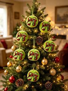 6pcs Lime Green Plush Christmas Ball Ornaments With Colorful Bows, Christmas Green Plush Hanging Decorations, Christmas Ball Ornaments, Christmas Tree Decorative Balls - Suitable For Christmas Tree Decoration, Party Decoration, Gifts, Christmas Decoration, Christmas Tree Hanging Decorations, Holiday Hanging Decorations, Home Decoration, Room Decoration, Winter Christmas Decoration, Christmas Gifts, Christmas Decoration - Multicolor - View 2
