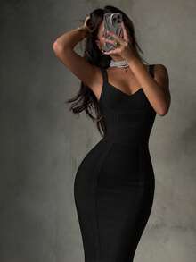 Women's Summer Spaghetti Strap Patchwork Sexy Ribbed Bandage Elegant Backless Black Mid-Length Fitted Dress, Suitable For Outings, Evening Parties, Cocktail Events - Black - View 5