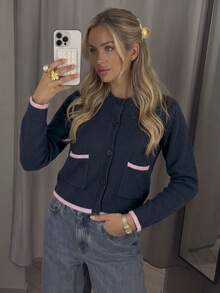 Women's Autumn/Winter New Round Neck Contrast Trim Knit Cardigan, Office Commute Wear, Business Professional Casual Daily Knit Top - Multicolor - View 7