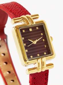Opalesca 1pc Women's Quartz Watch, Fashionable Minimalist Classic Rectangular Small Dial, Vintage British Style, Niche Luxury Fashion Quartz Watch - Red - View 3