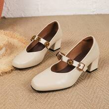 Fashionable High Heel Shoes Neutral PU Leather Buckle Office - Apricot - View 7