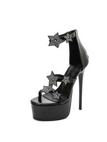 Women's High Heel Fashion Sandals Round Toe Zipper Rhinestone Star Decor 16cm Stiletto Ultra High Heel Elegant Women's Sandals Plus Size 42 - Black - View 5
