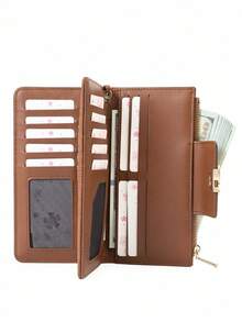 Women's Vintage Straw-Textured PU Long Patchwork Multi-Function Wallet, Large Capacity Card Holder With Exquisite Metal Flower Logo, Casual Wristlet Bag Suitable For Various Occasions - Multicolor - View 6