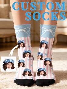 Custom Face Photo Crew Socks, Personalized Image Custom Socks, Heart Stripe Bow & Pet Paw Print, Novelty Gift For Birthday Valentine's Day - Multicolor - View 3