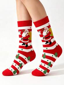 2 Pairs Men's Christmas Mid‑Calf Socks, Red‑White Striped Santa Claus Design, Soft, Breathable, Fun & Personalized Holiday‑Style Mid‑Calf Socks - Multicolor - View 2