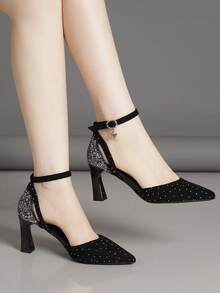 Women's Fashionable Comfortable Non-Tiring Hollow Bead Decor Back Strap Pointed Toe Stiletto High Heel Pumps - Black Velvet - View 2