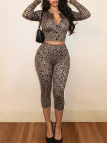 Women's Casual Leopard Print Two Pieces Outfit With Cardigan Collar Crop Top And Capri Leggings, Medium Stretch Fabric - Khaki - View 1