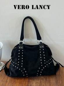 Tote Bag, Exquisite Rivet Decor, Large Capacity Design With Zipper Closure, Vintage Casual Style Shoulder Bag, Versatile For Daily Commute, Shopping, Dating, Travel, Niche Aesthetic Accessory Women's Bag - Black - View 2