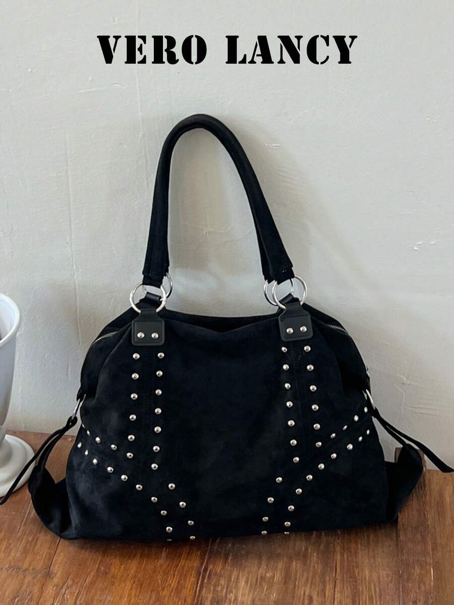 Tote Bag, Exquisite Rivet Decor, Large Capacity Design With Zipper Closure, Vintage Casual Style Shoulder Bag, Versatile For Daily Commute, Shopping, Dating, Travel, Niche Aesthetic Accessory Women's Bag