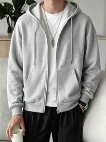 Men's Full Zip Hoodie Sweatshirt, Loose Fit Basic Casual Hooded Sweatshirt Jacket, Autumn/Winter - Light Grey - View 2