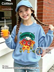 Kids Crew Neck Sweatshirt, Mamma Mia Cartoon Tomato Chef Pizza Graphic Print Thick Fleece Lined Pullover For Kids - Blue - View 3
