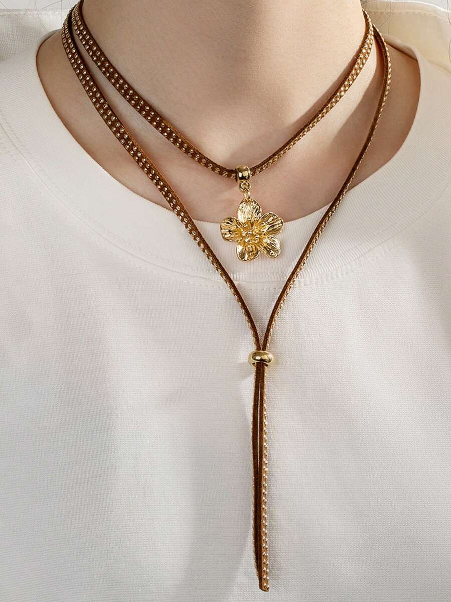 1件西式牛仔風合金花朵吊墜雙層鉚釘皮革繩Y型項鍊，適合女性日常通勤、派對聚會、休閒度假穿著，女性禮物