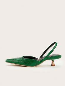 Women's Solid Color Snake Print Kitten Heel Shoes, Elegant Pointed Toe High Heels, Fashion Ankle Strap Open Back High Heels (Random Cut) - Green - View 3