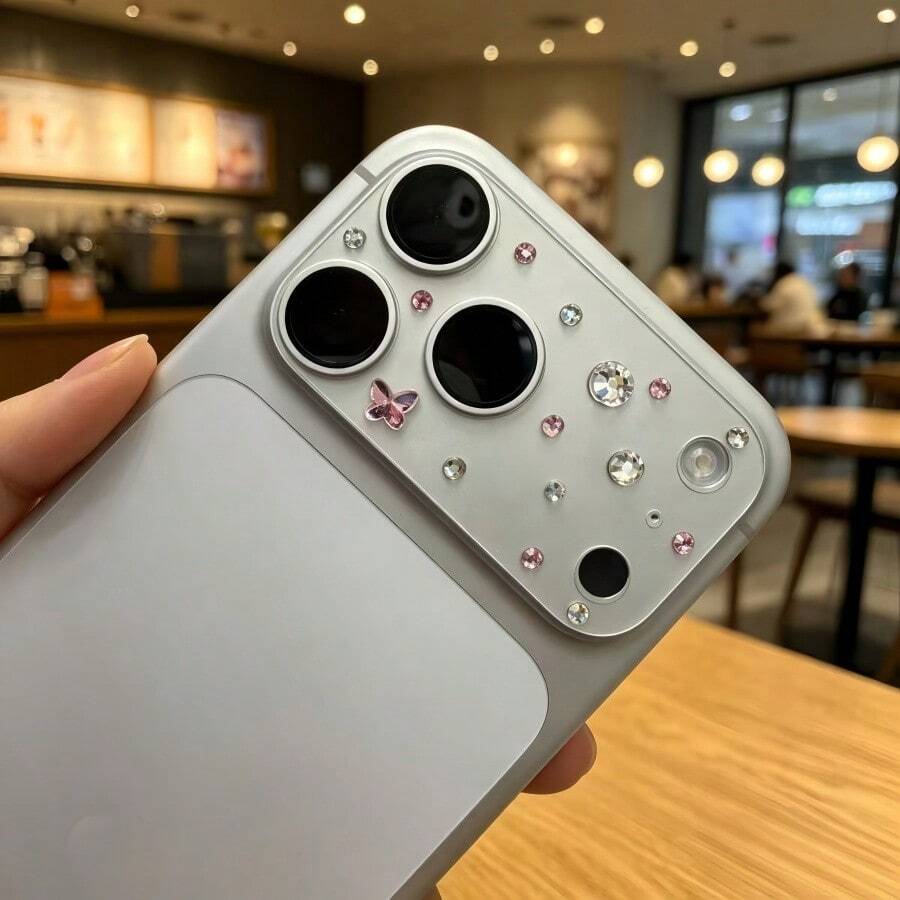 1pc Pink Diamond Lens Decoration Sticker, Matte Transparent Base Film PET Electrostatic Adsorption, Scratch-Resistant & Anti-Fingerprint, Precise Camera Cutout Doesn't Affect Photography, Compatible With Iphone 18pro/18 Pro Max/17pro/17pro - Pink - View 1