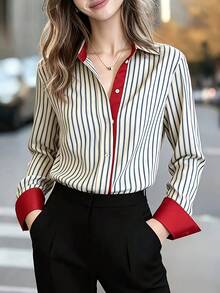 Women's Retro Colorblock Striped Polo Collar Long Sleeve Shirt, Spring New Fashion Design Loose Casual Top - White - View 1
