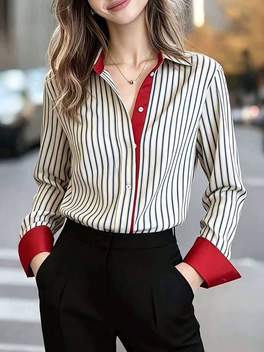 Women's Retro Colorblock Striped Polo Collar Long Sleeve Shirt, Spring New Fashion Design Loose Casual Top - White - View 1