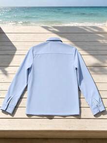 Men's Floral Trim Cuban Collar Long Sleeve Shirt, Light Blue Casual Button-Up Top - Multicolor - View 5