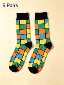 Men's Grey Patchwork Argyle Ribbed Cuff Cotton Sweat-Absorbent Breathable British Business Style Mid-Calf Socks For Office Commute - Multicolor - View 4