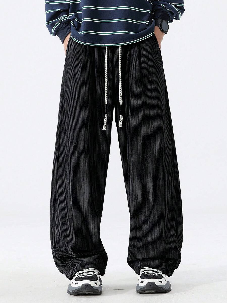 Men's American Street Style Crinkled Texture Fleece Pants, Plus Size Elastic Waist Drawstring Loose Straight Leg Casual Trousers - Black - View 1