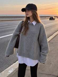 Women's Autumn/Winter Round Neck Long Sleeve Knitted Wool Sweater, Side Slit Straight Sleeve Design, Back To School Season Fall - Grey - View 3