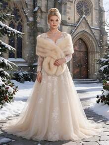 1pc Women's Winter Champagne Color Long Faux Fur Bridal Shawl Cape Coat - Champagne - View 2