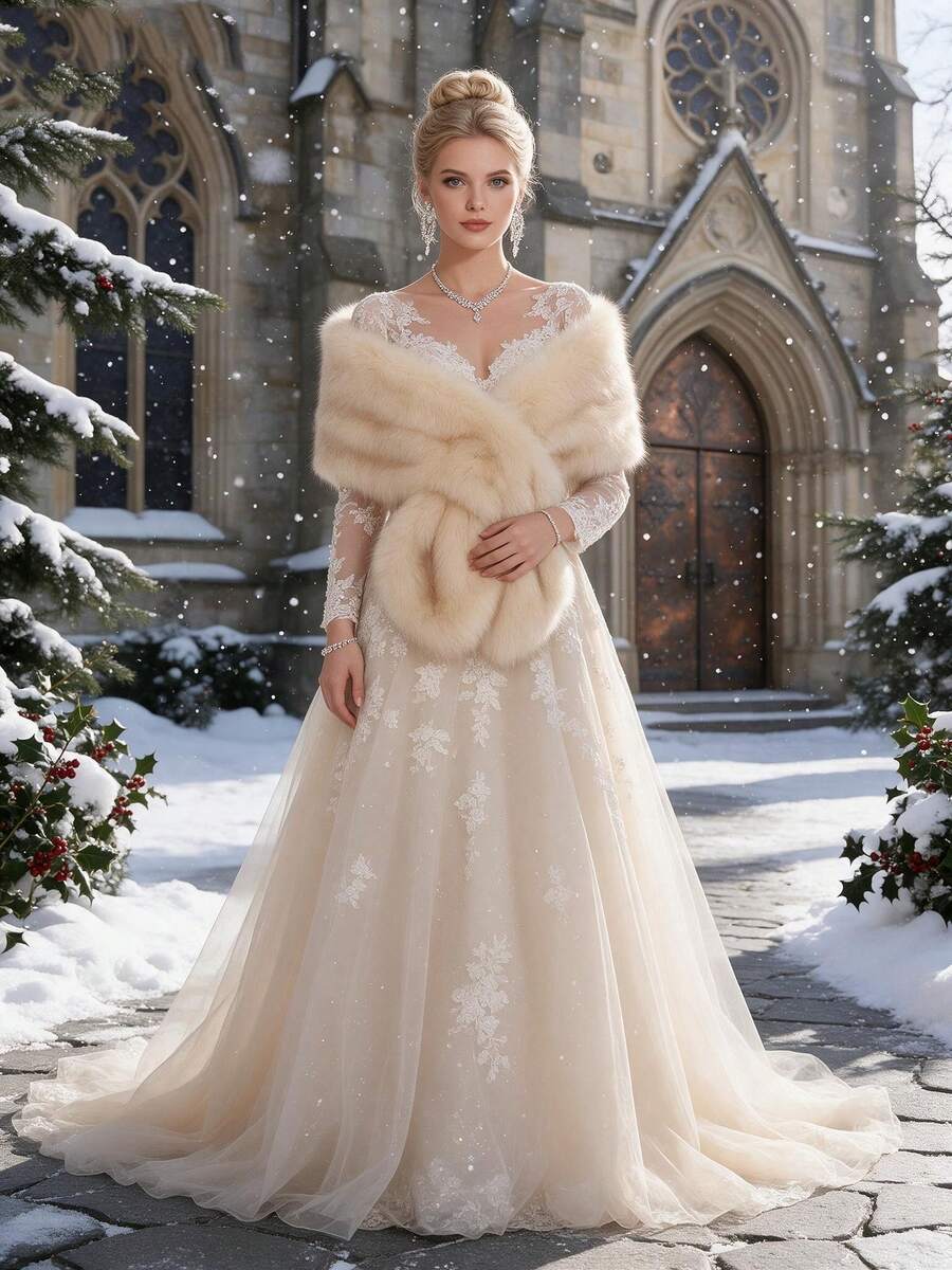 1pc Women's Winter Champagne Color Long Faux Fur Bridal Shawl Cape Coat - Champagne - View 1