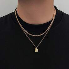 2pcs Minimalist Double Layer Stackable Chain Necklace, Textured Figaro Chain Paired With Thin Cuban Chain, Embellished With Small Star Square Dog Tag Pendant, Casual Men's Neck Accessory - Silver - View 2