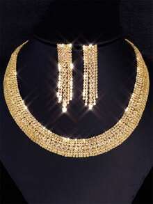 Super Shiny Fashionable Rhinestone Necklace And Earrings Set, Suitable For Wedding, Banquet, Date Accessories - Gold - View 2