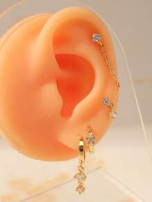 Minimalist Elegant Multi-Pair Earrings Set, Sparkling Rhinestone Star Dangle Chain Hoop And Stud Earrings, Daily Outfit Decorative Accessories - Yellow Gold - View 4