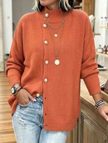 Plus Size Women Solid Color Mid-Length Knit Cardigan Sweater Jacket, Loose Fit, Slimming, Warm, Flattering, Versatile - Orange - View 4
