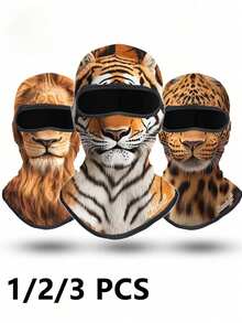 1-3pcs Realistic Animal Print Balaclava Face Mask, Tiger Leopard Lion Leopard Pattern Full Head Cover, 3D Animal Graphic Full Face Mask, Creative Beast Design Balaclava, Breathable Helmet Liner, Suitable For Motorcycle Riding And Outdoor Sports - Multicolor - View 1