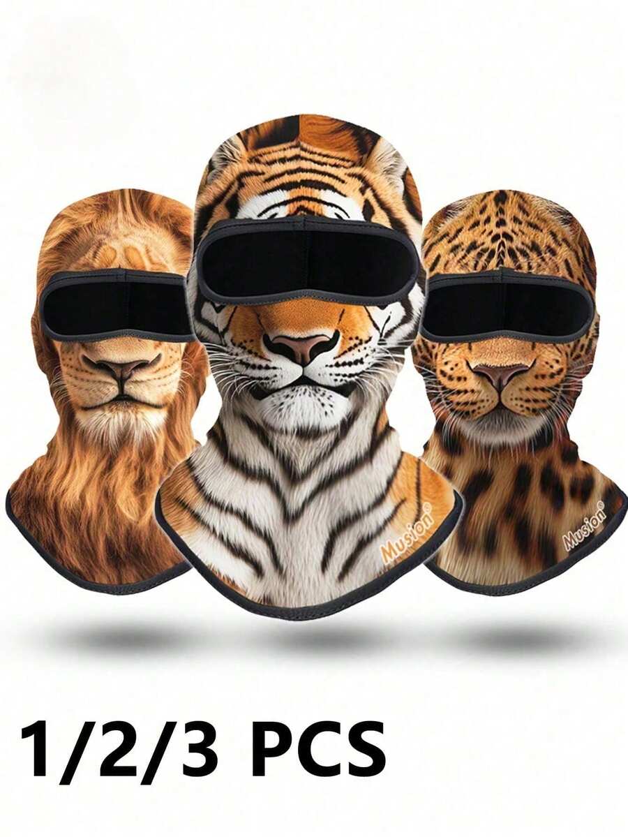 1-3pcs Realistic Animal Print Balaclava Face Mask, Tiger Leopard Lion Leopard Pattern Full Head Cover, 3D Animal Graphic Full Face Mask, Creative Beast Design Balaclava, Breathable Helmet Liner, Suitable For Motorcycle Riding And Outdoor Sports - Multicolor - View 1