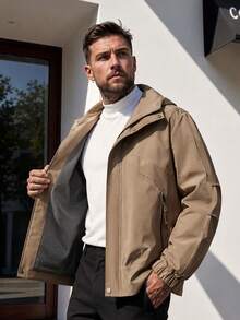 Men's Solid Color Casual Versatile Long Sleeve Jacket, Suitable For Daily Commute, Travel - Khaki - View 1