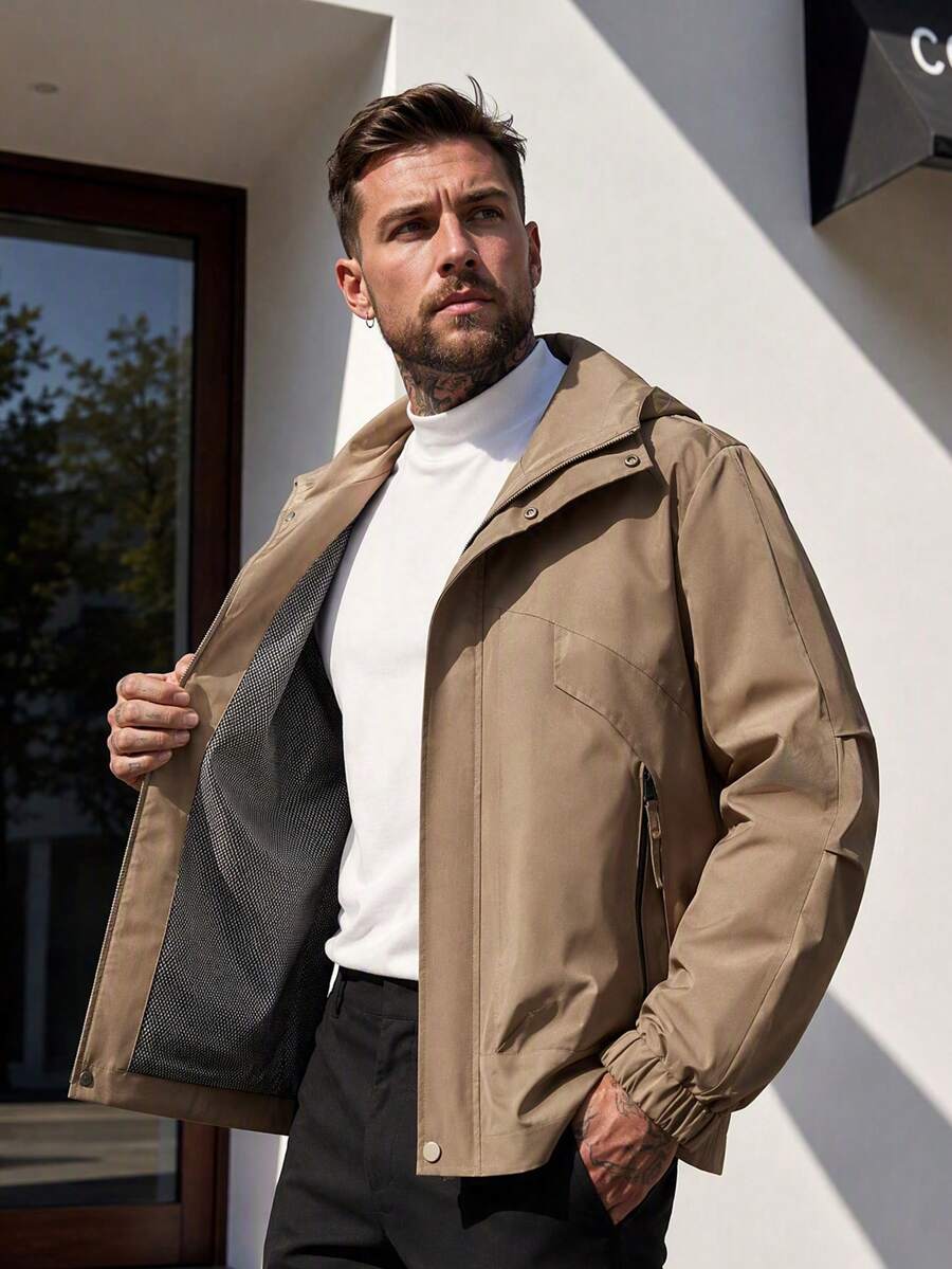 Men's Solid Color Casual Versatile Long Sleeve Jacket, Suitable For Daily Commute, Travel - Khaki - View 1