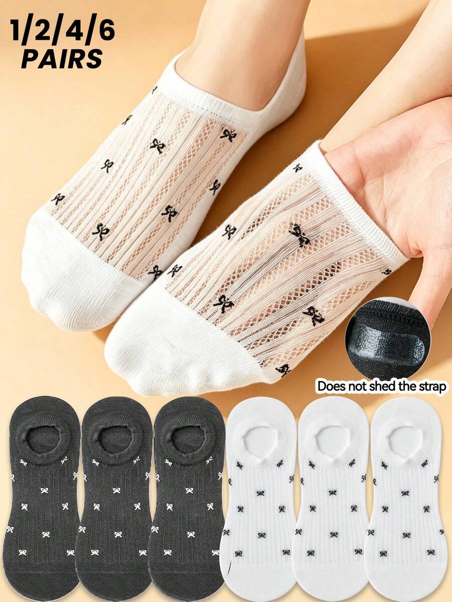 1/2/4/6 Pairs Women's Summer Thin Low-Cut Invisible Non-Slip Anti-Slip Heel Solid Color Mesh Breathable Short Socks - Multicolor - View 1