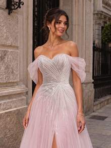 VIPGIRL New Elegant Off Shoulder Mesh Slit Luxury Evening Dress - Pink - View 3