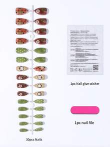 30pcs Short Almond French Press-On Nails, 3D Gel Button, Polka Dot, Line, Star Pattern Design, Set Includes: 1pc Jelly Glue And 1pc Nail File. Suitable For Autumn/Winter Nails. - Multicolor - View 5